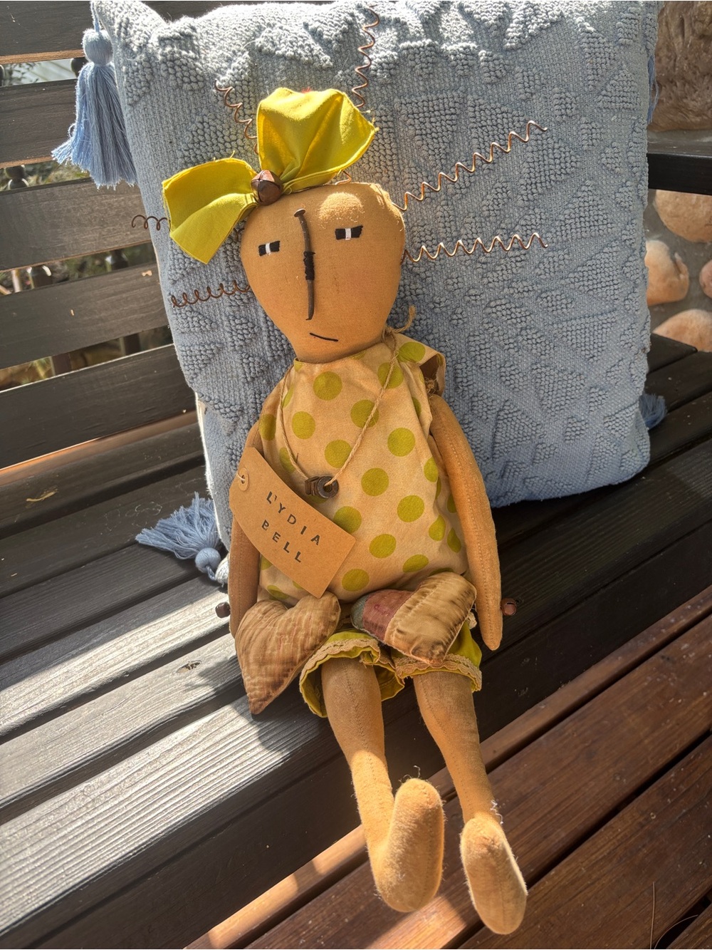 Primitive Country Folk Art Rag Doll “Lydia Bell” for adoption signed by artist
